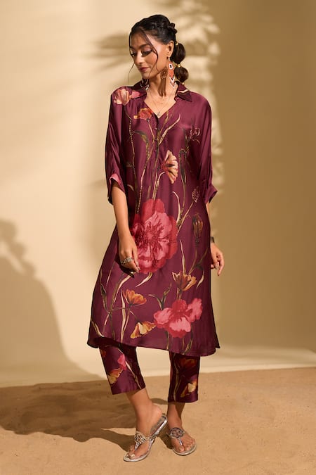 Shop Whimsical By Shica X AZA Maroon Handloom Cotton Beads Collared Big Floral Print Kurta And Pant Set Shop_Whimsical By Shica X AZA_Maroon Handloom Cotton Beads Collared Big Floral Print Kurta And Pant Set