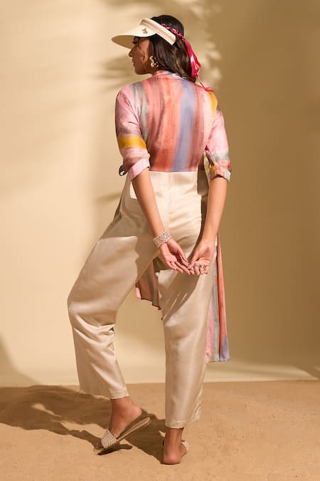 Buy_Whimsical By Shica X AZA_Pink Organza, Satin V-neck Stroke Print Flap Jumpsuit _Online_at_Aza_Fashions