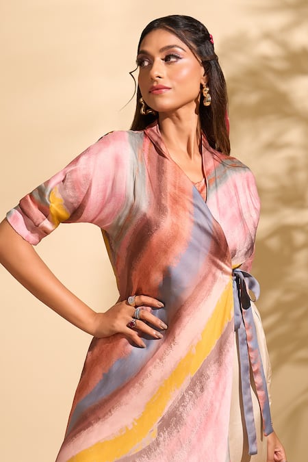 Shop_Whimsical By Shica X AZA_Pink Organza, Satin V-neck Stroke Print Flap Jumpsuit _Online_at_Aza_Fashions