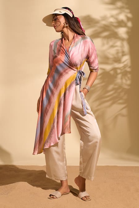 Whimsical By Shica X AZA_Pink Organza, Satin V-neck Stroke Print Flap Jumpsuit _at_Aza_Fashions