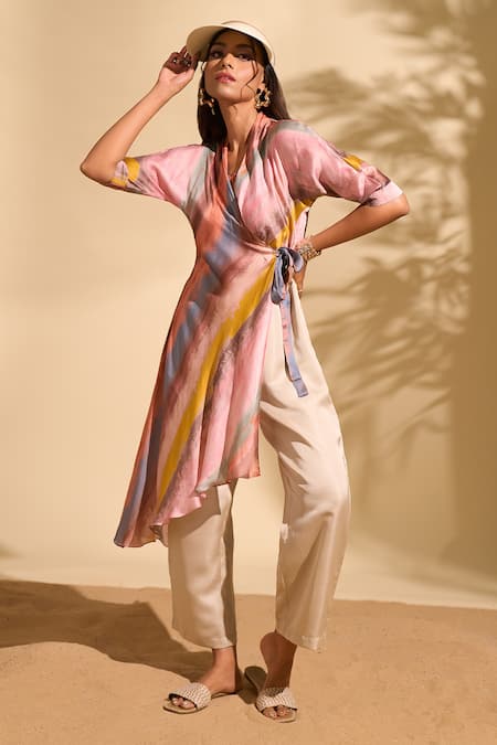 Buy_Whimsical By Shica X AZA_Pink Organza, Satin V-neck Stroke Print Flap Jumpsuit 