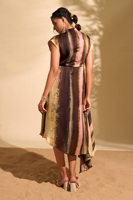 Shop Whimsical By Shica Yellow Organza, Satin Cowl Neck Stroke Print Dress at Aza Fashions Shop_Whimsical By Shica_Yellow Organza, Satin Cowl Neck Stroke Print Dress_at_Aza_Fashions