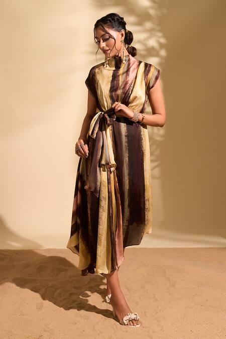 Whimsical By Shica Yellow Organza, Satin Cowl Neck Stroke Print Dress Online at Aza Fashions Whimsical By Shica_Yellow Organza, Satin Cowl Neck Stroke Print Dress_Online_at_Aza_Fashions