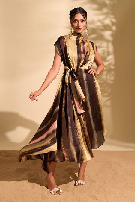 Buy Whimsical By Shica Yellow Organza, Satin Cowl Neck Stroke Print Dress Online at Aza Fashions Buy_Whimsical By Shica_Yellow Organza, Satin Cowl Neck Stroke Print Dress_Online_at_Aza_Fashions