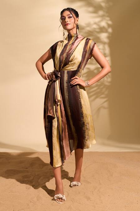 Shop Whimsical By Shica Yellow Organza, Satin Cowl Neck Stroke Print Dress Online at Aza Fashions Shop_Whimsical By Shica_Yellow Organza, Satin Cowl Neck Stroke Print Dress_Online_at_Aza_Fashions