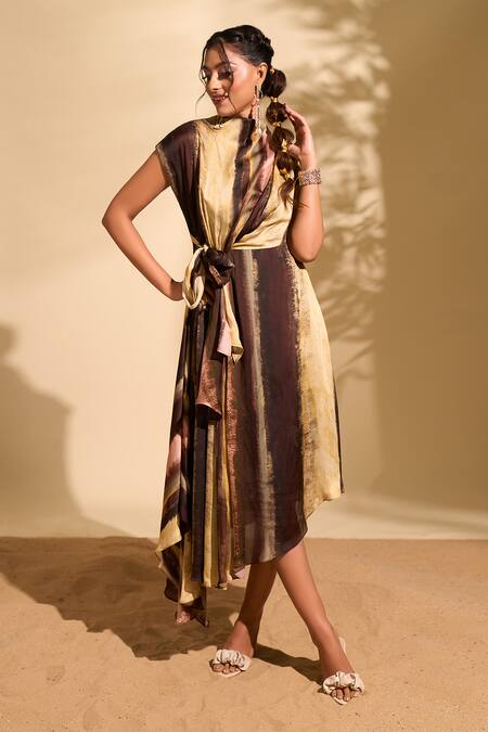 Whimsical By Shica Yellow Organza, Satin Cowl Neck Stroke Print Dress at Aza Fashions Whimsical By Shica_Yellow Organza, Satin Cowl Neck Stroke Print Dress_at_Aza_Fashions