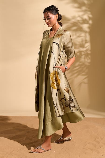 Buy_Whimsical By Shica X AZA_Gold Organza, Satin V-neck Big Florette Print Jacket Dress _Online_at_Aza_Fashions