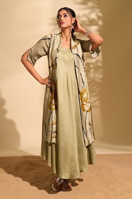 Shop_Whimsical By Shica X AZA_Gold Organza, Satin V-neck Big Florette Print Jacket Dress _Online_at_Aza_Fashions