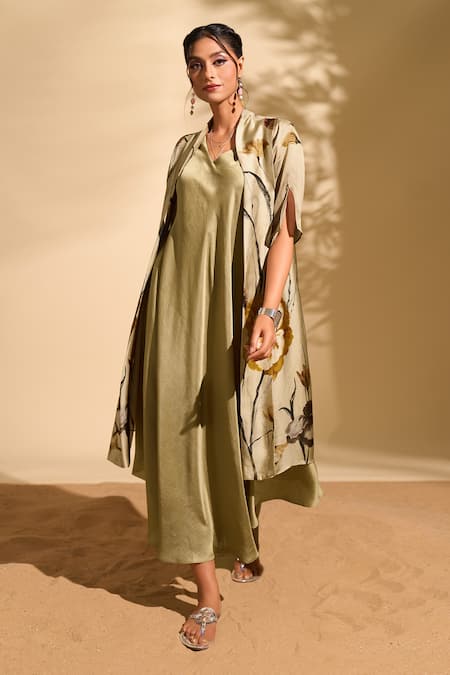 Whimsical By Shica X AZA_Gold Organza, Satin V-neck Big Florette Print Jacket Dress _at_Aza_Fashions