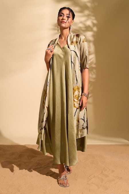Buy_Whimsical By Shica X AZA_Gold Organza, Satin V-neck Big Florette Print Jacket Dress 