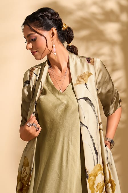 Shop_Whimsical By Shica X AZA_Gold Organza, Satin V-neck Big Florette Print Jacket Dress 