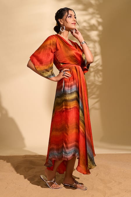 Buy_Whimsical By Shica X AZA_Red Organza, Satin V-neck Stroke Stripe Print Dress _Online_at_Aza_Fashions