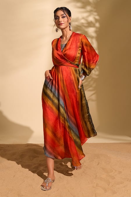 Shop_Whimsical By Shica X AZA_Red Organza, Satin V-neck Stroke Stripe Print Dress _Online_at_Aza_Fashions