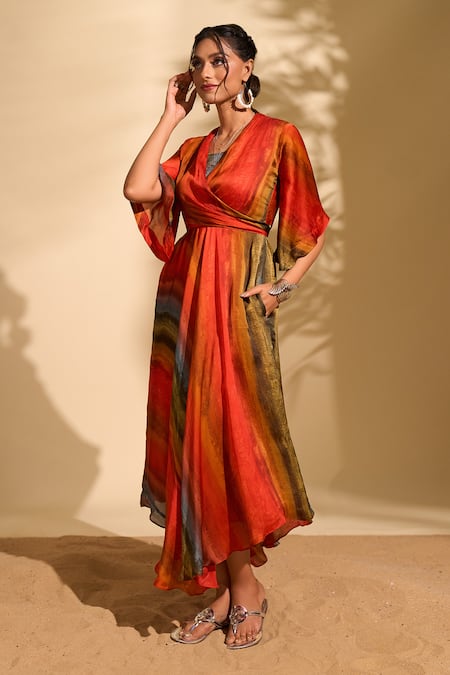 Whimsical By Shica X AZA_Red Organza, Satin V-neck Stroke Stripe Print Dress _at_Aza_Fashions