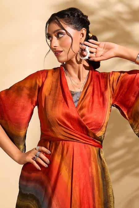 Buy_Whimsical By Shica X AZA_Red Organza, Satin V-neck Stroke Stripe Print Dress 