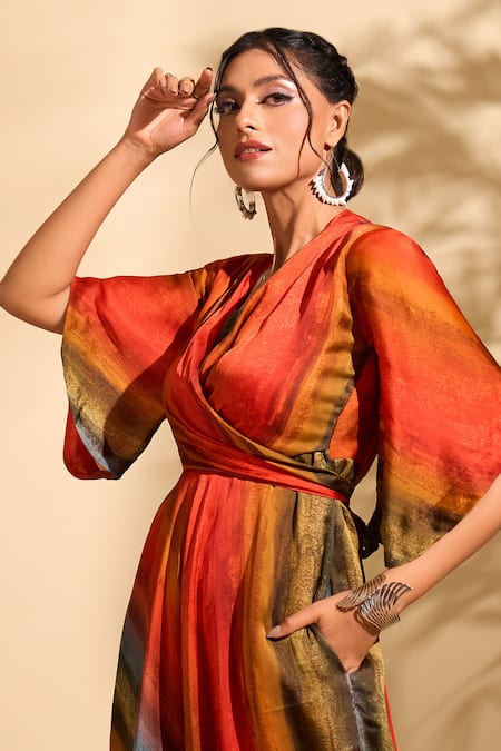 Shop_Whimsical By Shica X AZA_Red Organza, Satin V-neck Stroke Stripe Print Dress 