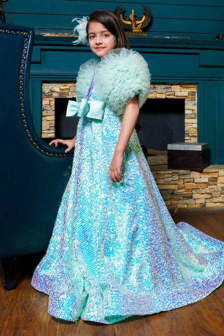 Hoity Moppet Green Tulle Sequins, Bows Aqualins Embroidered Gown Online at Aza Fashions Hoity Moppet_Green Tulle Sequins, Bows Aqualins Embroidered Gown _Online_at_Aza_Fashions
