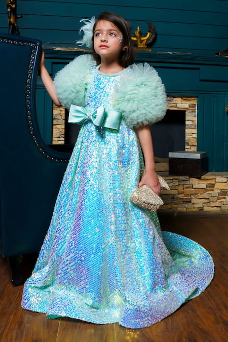 Shop Hoity Moppet Green Tulle Sequins, Bows Aqualins Embroidered Gown Online at Aza Fashions Shop_Hoity Moppet_Green Tulle Sequins, Bows Aqualins Embroidered Gown _Online_at_Aza_Fashions