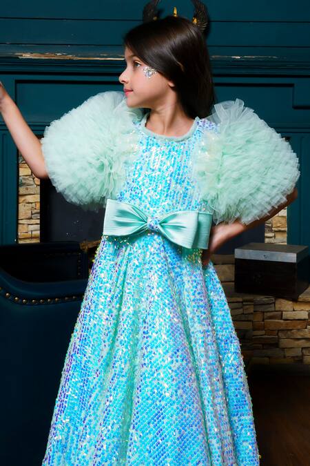 Hoity Moppet Green Tulle Sequins, Bows Aqualins Embroidered Gown at Aza Fashions Hoity Moppet_Green Tulle Sequins, Bows Aqualins Embroidered Gown _at_Aza_Fashions