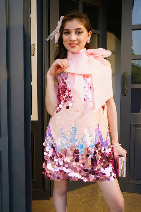 Shop_Hoity Moppet_Pink Silk Sequins Bubblicious Embroidered Shift Dress _Online_at_Aza_Fashions