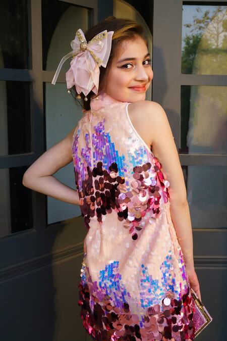Hoity Moppet_Pink Silk Sequins Bubblicious Embroidered Shift Dress _at_Aza_Fashions