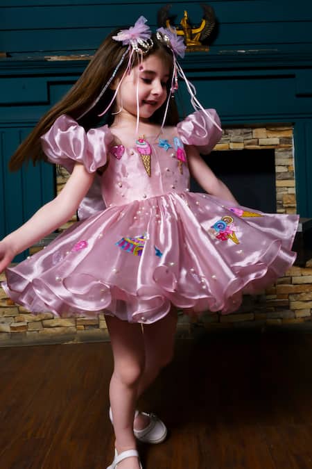 Shop Hoity Moppet Pink Organza Embroidery, Sequins Candyland Patchwork Dress at Aza Fashions Shop_Hoity Moppet_Pink Organza Embroidery, Sequins Candyland Patchwork Dress _at_Aza_Fashions