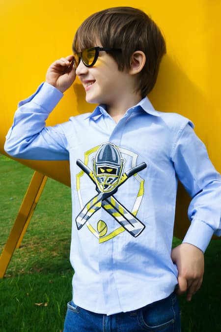 Shop Hoity Moppet Blue Cotton Embroidery Champion Shirt at Aza Fashions Shop_Hoity Moppet_Blue Cotton Embroidery Champion Shirt _at_Aza_Fashions