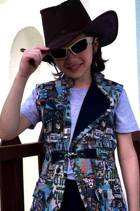 Hoity Moppet_Black Jacquard, Cotton City Chic Woven Waistcoat And Shorts Set _at_Aza_Fashions