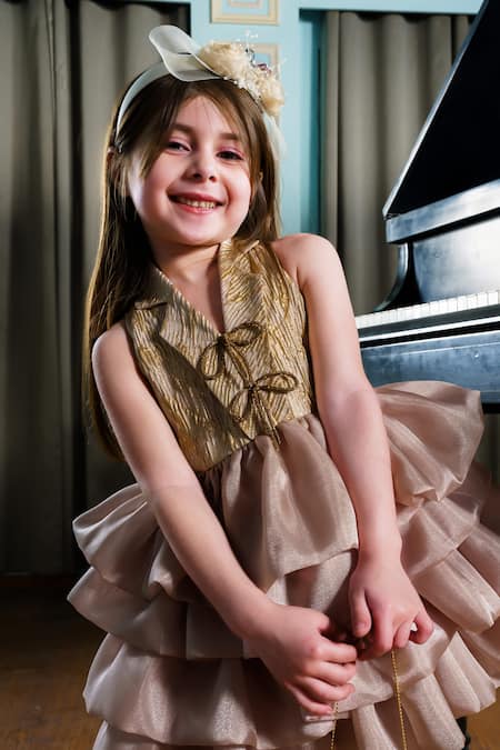 Hoity Moppet_Gold Organza, Jacquard Colada Stripe Woven Jacket Dress _Online_at_Aza_Fashions