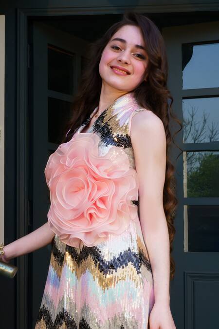 Hoity Moppet Peach Organza Sequins, Applique Confession Embroidered Dress at Aza Fashions Hoity Moppet_Peach Organza Sequins, Applique Confession Embroidered Dress _at_Aza_Fashions