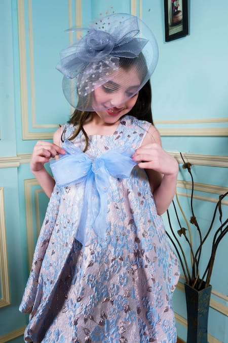 Shop Hoity Moppet Grey Organza, Jacquard Bows Crystal Floral Embellished Balloon Dress Online at Aza Fashions Shop_Hoity Moppet_Grey Organza, Jacquard Bows Crystal Floral Embellished Balloon Dress _Online_at_Aza_Fashions