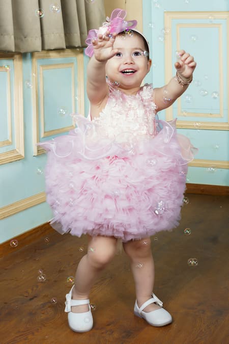 Shop Hoity Moppet Pink Tulle Embroidery Doll Face Floral Embellished Dress at Aza Fashions Shop_Hoity Moppet_Pink Tulle Embroidery Doll Face Floral Embellished Dress _at_Aza_Fashions