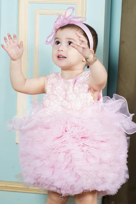 Hoity Moppet Pink Tulle Embroidery Doll Face Floral Embellished Dress Online at Aza Fashions Hoity Moppet_Pink Tulle Embroidery Doll Face Floral Embellished Dress _Online_at_Aza_Fashions