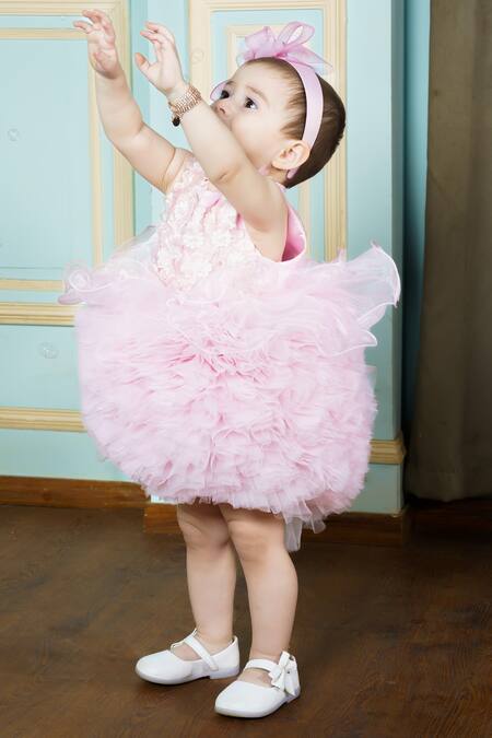 Shop Hoity Moppet Pink Tulle Embroidery Doll Face Floral Embellished Dress Online at Aza Fashions Shop_Hoity Moppet_Pink Tulle Embroidery Doll Face Floral Embellished Dress _Online_at_Aza_Fashions