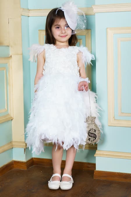 Shop Hoity Moppet White Crepe Feathers, Embroidery Dream Catcher Embellished Dress at Aza Fashions Shop_Hoity Moppet_White Crepe Feathers, Embroidery Dream Catcher Embellished Dress _at_Aza_Fashions