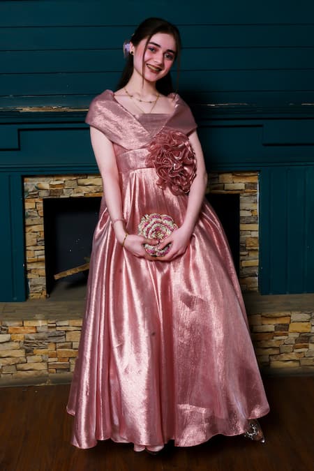 Shop Hoity Moppet Pink Organza Fabric Flowers Egyptian Glow Applique Embroidered Gown at Aza Fashions Shop_Hoity Moppet_Pink Organza Fabric Flowers Egyptian Glow Applique Embroidered Gown _at_Aza_Fashions