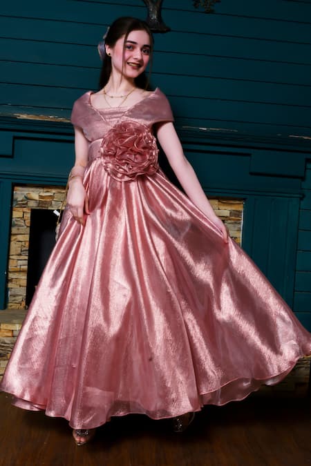 Hoity Moppet Pink Organza Fabric Flowers Egyptian Glow Applique Embroidered Gown Online at Aza Fashions Hoity Moppet_Pink Organza Fabric Flowers Egyptian Glow Applique Embroidered Gown _Online_at_Aza_Fashions