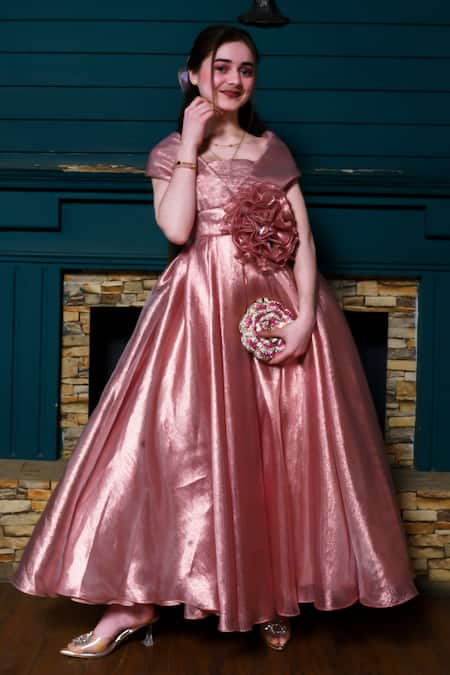 Shop Hoity Moppet Pink Organza Fabric Flowers Egyptian Glow Applique Embroidered Gown Online at Aza Fashions Shop_Hoity Moppet_Pink Organza Fabric Flowers Egyptian Glow Applique Embroidered Gown _Online_at_Aza_Fashions