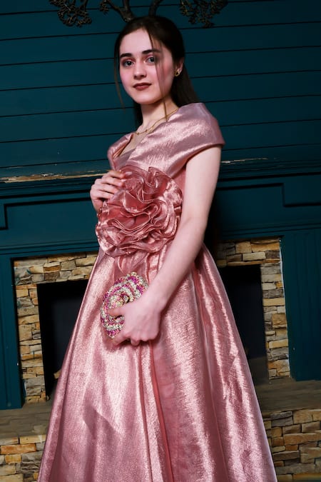 Hoity Moppet Pink Organza Fabric Flowers Egyptian Glow Applique Embroidered Gown at Aza Fashions Hoity Moppet_Pink Organza Fabric Flowers Egyptian Glow Applique Embroidered Gown _at_Aza_Fashions