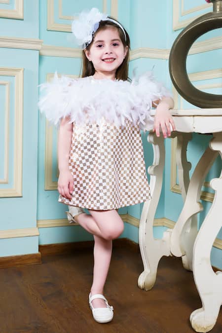 Shop Hoity Moppet Gold Silk Feathers, Sequins Embellished Dress at Aza Fashions Shop_Hoity Moppet_Gold Silk Feathers, Sequins Embellished Dress _at_Aza_Fashions