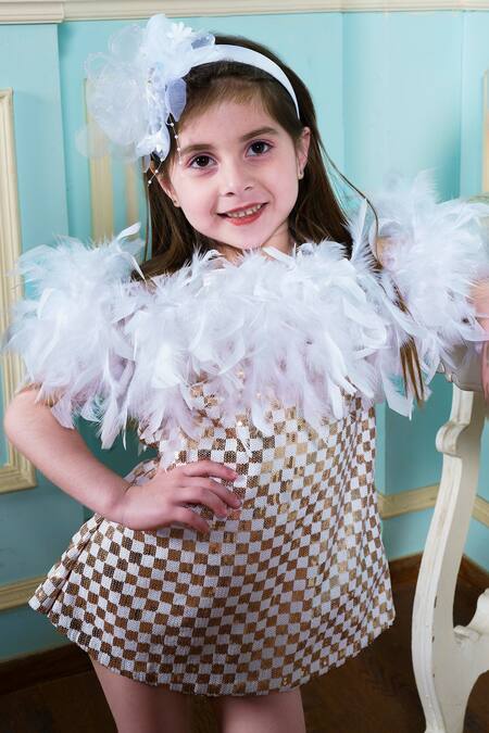 Hoity Moppet Gold Silk Feathers, Sequins Embellished Dress Online at Aza Fashions Hoity Moppet_Gold Silk Feathers, Sequins Embellished Dress _Online_at_Aza_Fashions
