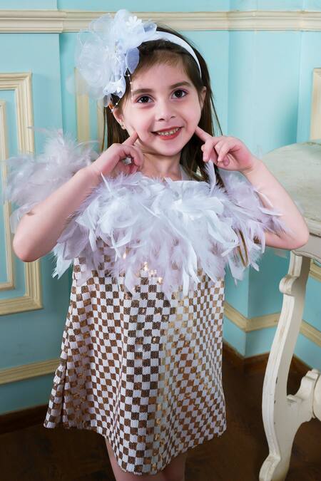 Buy Hoity Moppet Gold Silk Feathers, Sequins Embellished Dress Online at Aza Fashions Buy_Hoity Moppet_Gold Silk Feathers, Sequins Embellished Dress _Online_at_Aza_Fashions