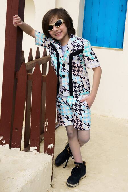 Hoity Moppet Blue Herringbone Print Coat And Shorts Set Online at Aza Fashions Hoity Moppet_Blue Herringbone Print Coat And Shorts Set _Online_at_Aza_Fashions