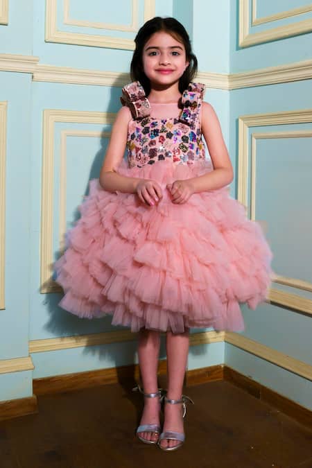 Hoity Moppet Peach Tulle Embroidery Sequin Flutter Dress 