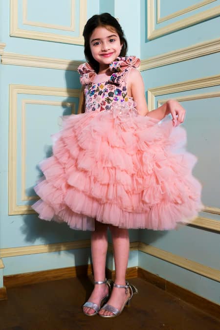 Shop_Hoity Moppet_Peach Tulle Sequins, Embroidery Flutter Dress _at_Aza_Fashions