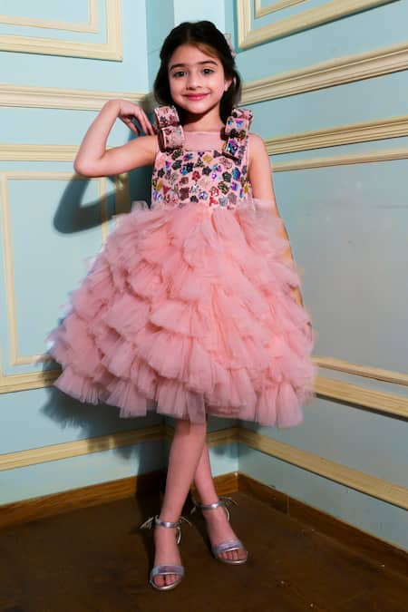 Hoity Moppet_Peach Tulle Sequins, Embroidery Flutter Dress _Online_at_Aza_Fashions