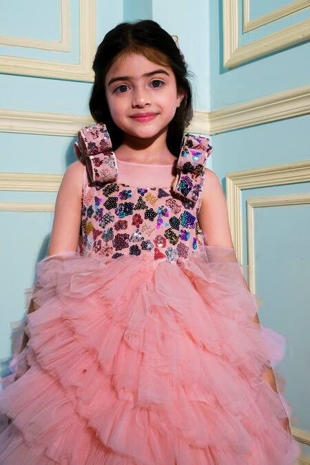 Buy_Hoity Moppet_Peach Tulle Sequins, Embroidery Flutter Dress _Online_at_Aza_Fashions