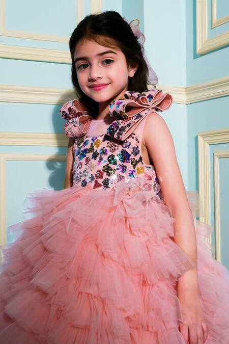Shop_Hoity Moppet_Peach Tulle Sequins, Embroidery Flutter Dress _Online_at_Aza_Fashions