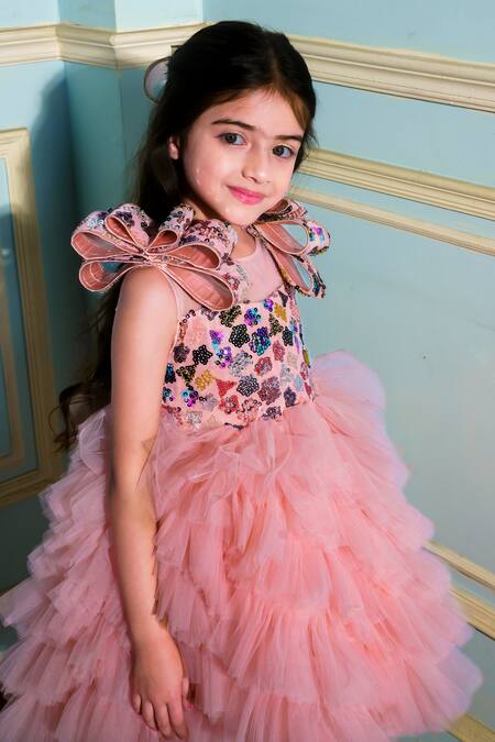 Hoity Moppet_Peach Tulle Sequins, Embroidery Flutter Dress _at_Aza_Fashions