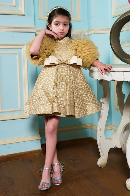 Shop Hoity Moppet Gold Tulle Lace Star Embellished Dress at Aza Fashions Shop_Hoity Moppet_Gold Tulle Lace Star Embellished Dress _at_Aza_Fashions